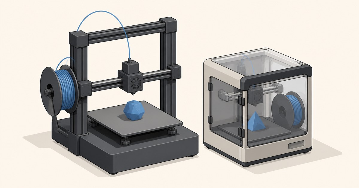 An open-frame 3D printer with a blue filament spool sits beside an enclosed cube-shaped printer with a glass door, both mid-print on gray beds