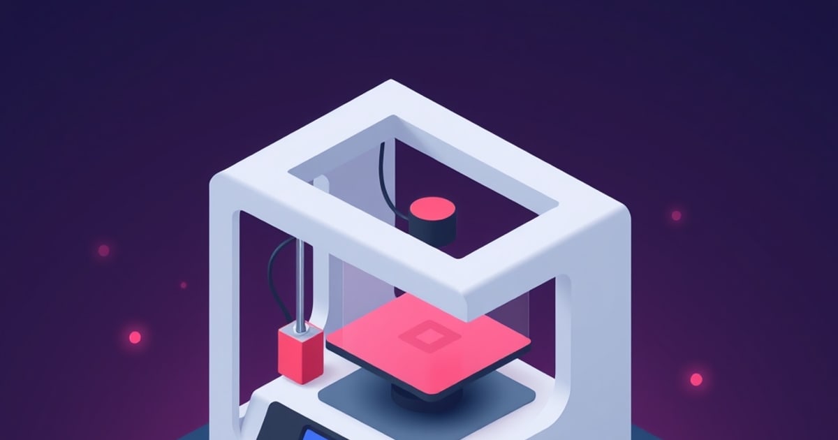 Flat isometric illustration of a white cube-frame 3D printer with a red heated bed raised on a central column, a red print head on a vertical rail and a filament spool inside the top, on a violet backdrop.