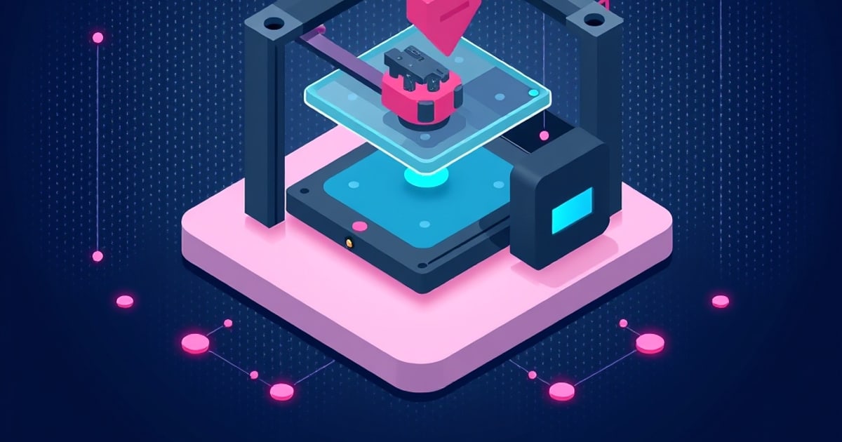 Isometric 3D printer with a lit print bed, a nozzle carriage lowered onto it and a control screen alongside, representing bed leveling and first-layer tuning