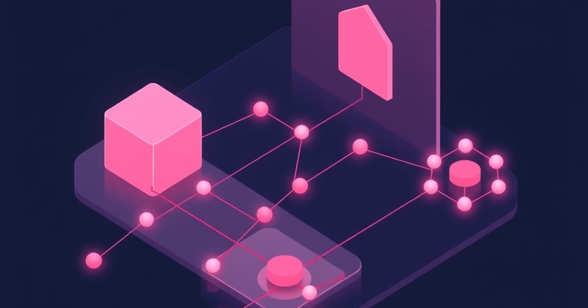 A pink cube, pentagon sensor panel and cylindrical pin nodes connect via glowing lines on a dark isometric platform, evoking a probing sensor network.