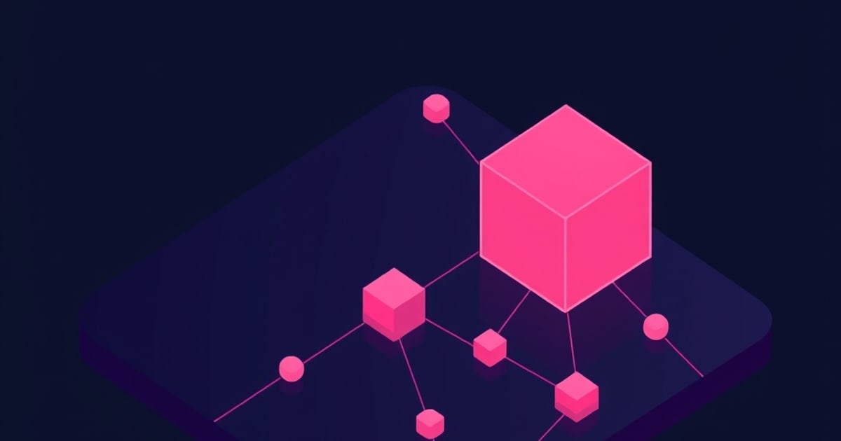 A large pink isometric cube connects via thin lines to smaller cubes and spheres on a dark navy platform, evoking a network of comparable printer parts.
