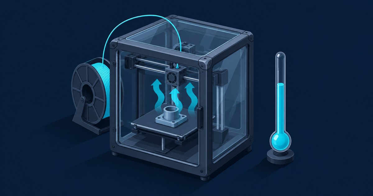 A stylized enclosed 3D printer feeds cyan filament toward a small part on the heated bed, with rising heat arrows and a thermometer beside it.