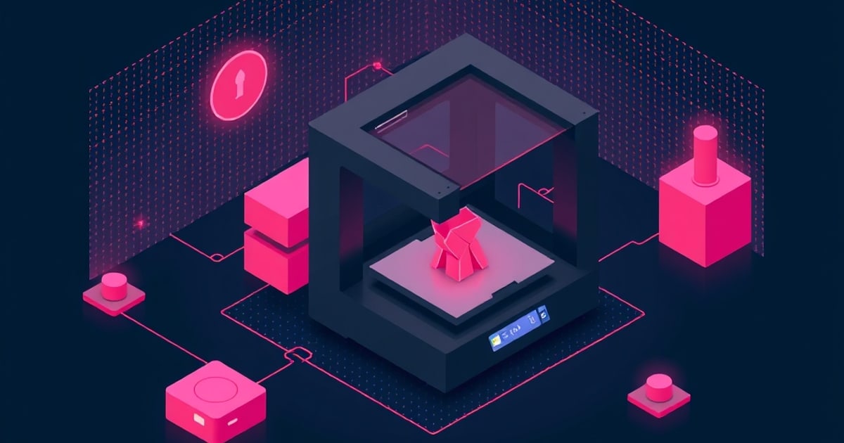 A dark isometric illustration of a boxy 3D printer with a glowing pink enclosure printing a small figurine, flanked by stacked modules and cables on a circuit-patterned floor.