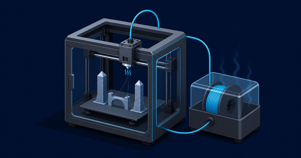 A cutaway 3D printer prints twin towers with visible thin filament strings between them, its nozzle glowing hot and blue filament running to a heated drying box with rising vapor lines.