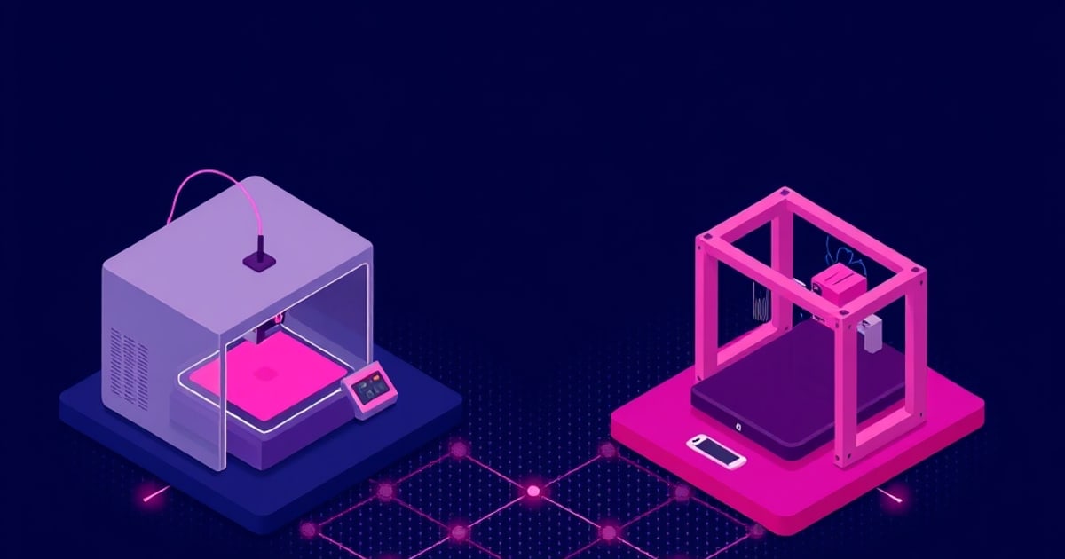 Flat isometric illustration of two 3D printers side by side, a grey enclosed cube printer and an open pink frame printer, on lit platforms.