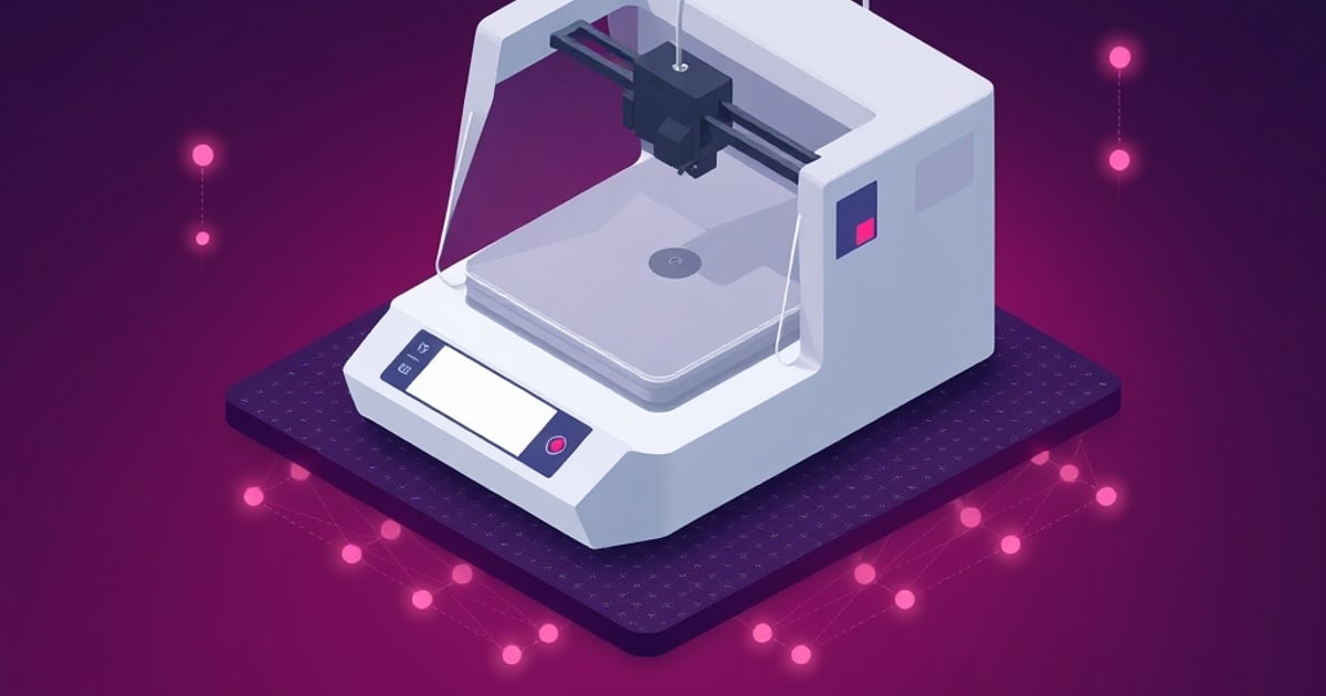 Flat isometric white 3D printer with an open front, raised clear lid, blank touchscreen and pale grey build plate on a purple pad ringed by glowing pink dots.