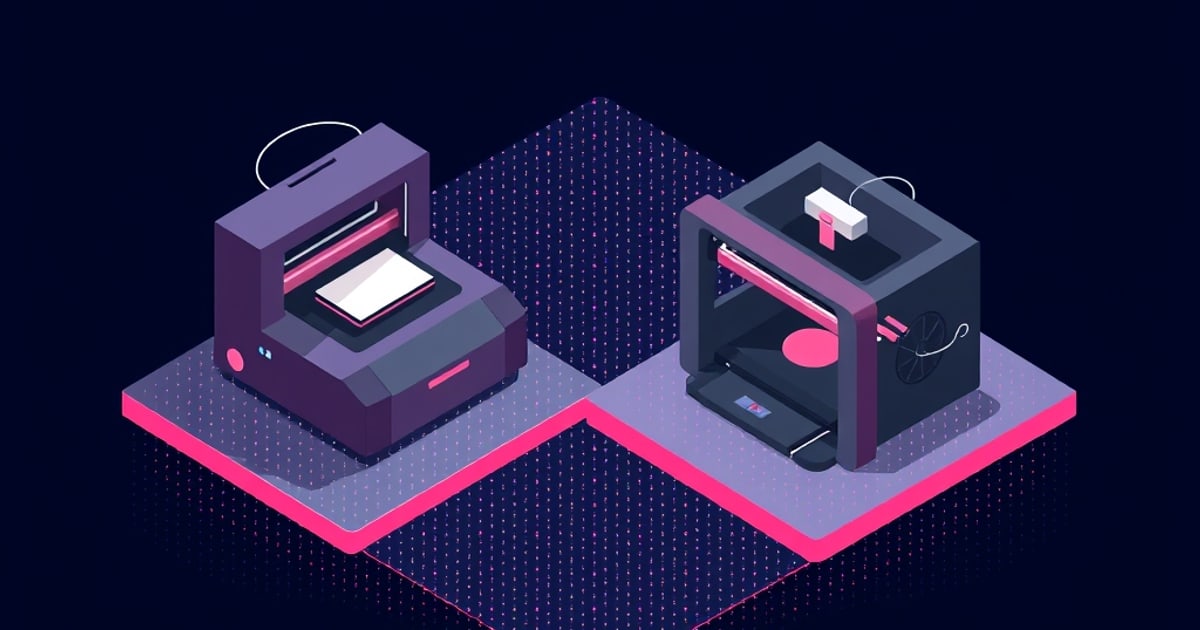 Two isometric 3D printers, an open-bed model and an enclosed cube-style printer, sit on pink-edged platforms against a dark dotted background.