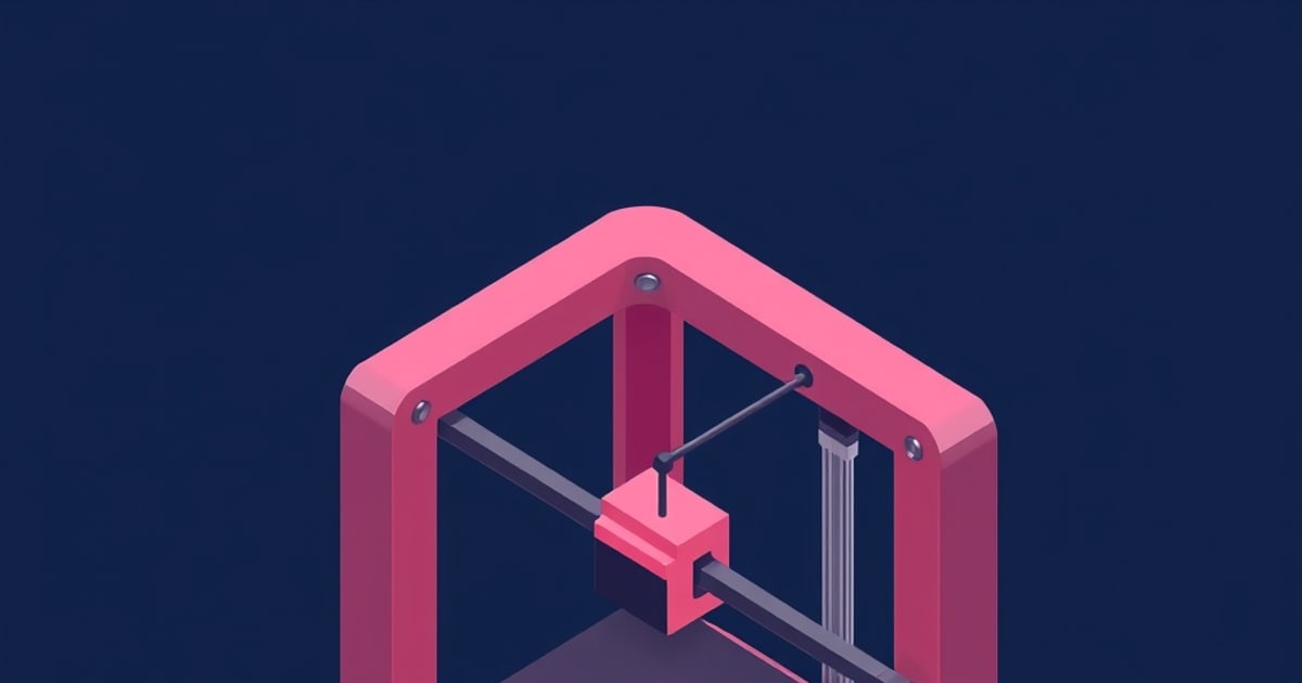 A pink isometric 3D printer with a boxy print head and vertical Z-axis lead screw centered on a dark navy background, illustrating precise nozzle height calibration.